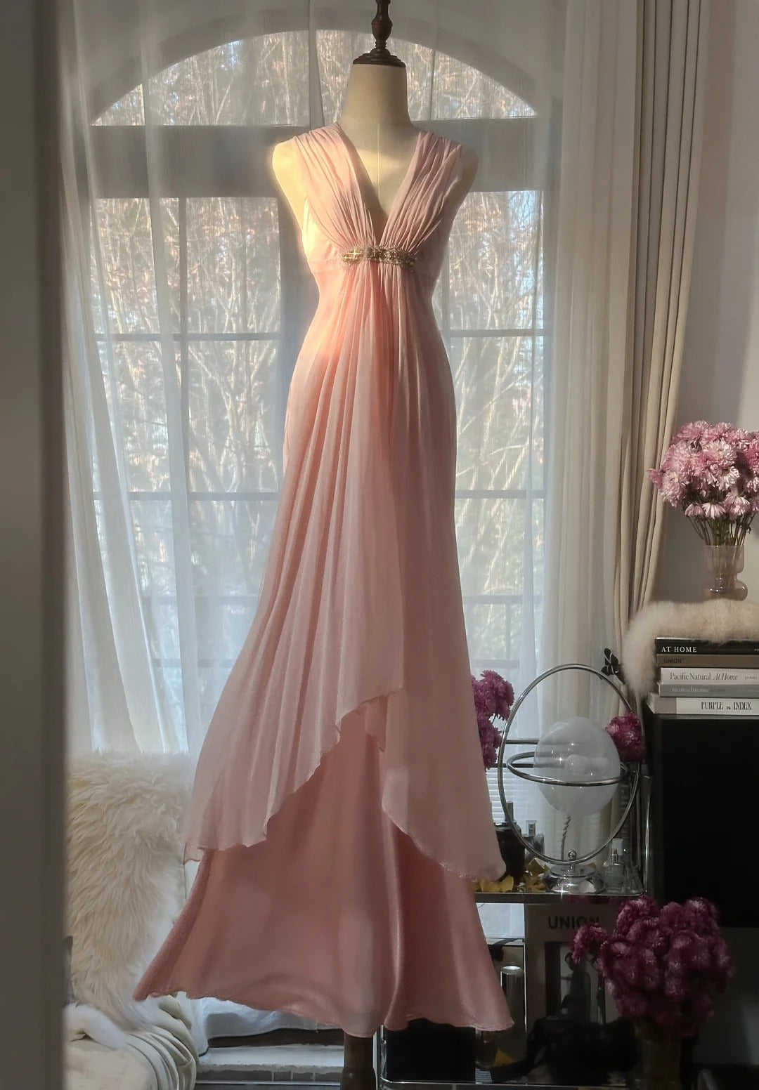 Pink Elegant Exquisite Rhinestone Long Satin Chiffon Ball Gown Evening Dress Party Dress Birthday Dress Date Dress gh4163