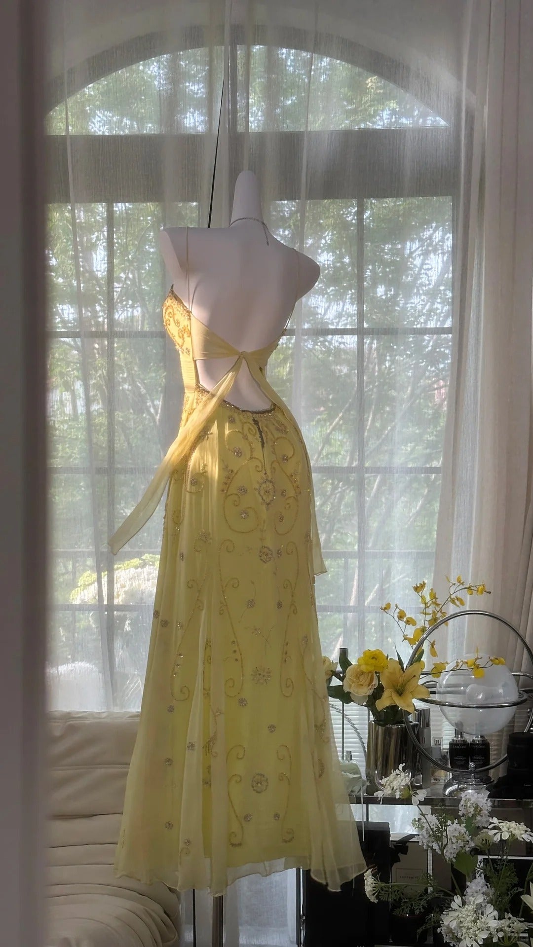 Yellow Gorgeous Exquisite Beaded Backless Spaghetti Strap Long Chiffon Ball Gown Evening Dress Birthday/Holiday Party Dress Prom Dress gh4063