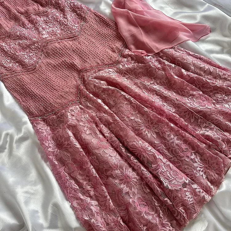 Robe de soirée longue en mousseline de soie, élégante et florale rose, avec perles exquises, gh4234