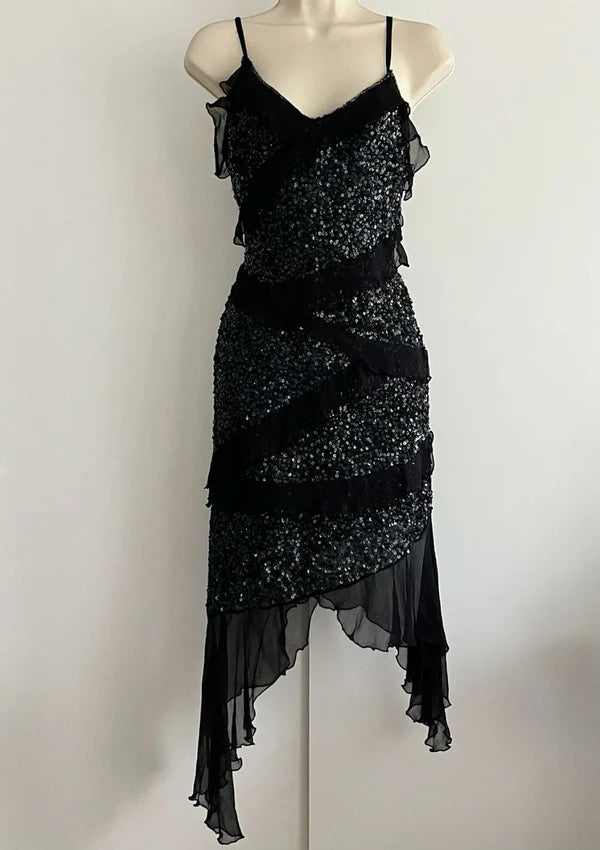 Schwarzes glänzendes Spaghettiträger-Langkleid aus elegantem Chiffon mit Rüschen und Pailletten, Ballkleid, Abendkleid, Partykleid gh3257