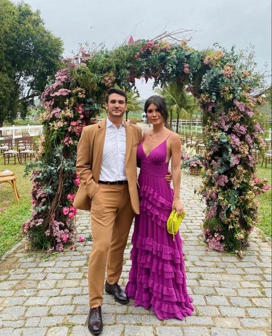 Robe de soirée élégante en mousseline de soie, coupe trapèze, longue, à volants superposés, robe de bal, robe de soirée, robe d'anniversaire, robe d'invité de mariage, violet, gh4061