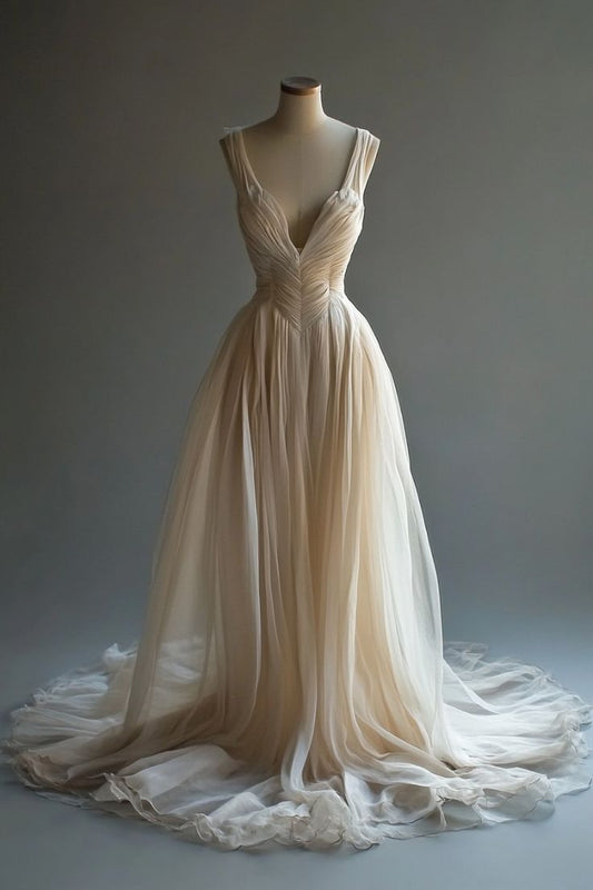 girlhomeshops - Robe de mariée nude en mousseline sans manches avec traîne au sol, style vintage GH6334