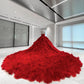 Red gorgeous elegant tube top floral long floor length trailing tulle ball gown evening gown wedding dress gh3140