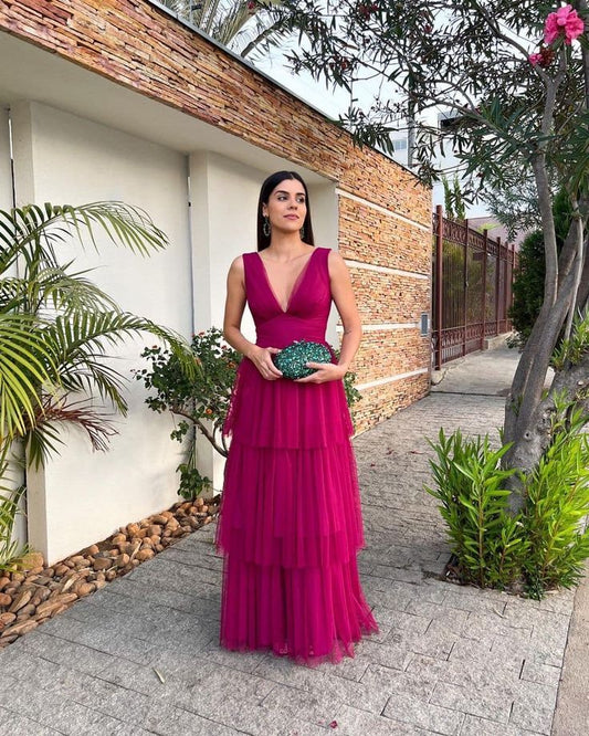 Robe de soirée longue en tulle à col en V élégante et violette, robe de soirée pour invités de mariage gh3325