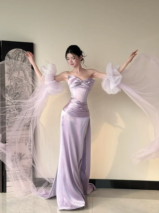 Robe de soirée longue en satin et tulle violet, robe de bal, robe de remise de diplôme, gh4493