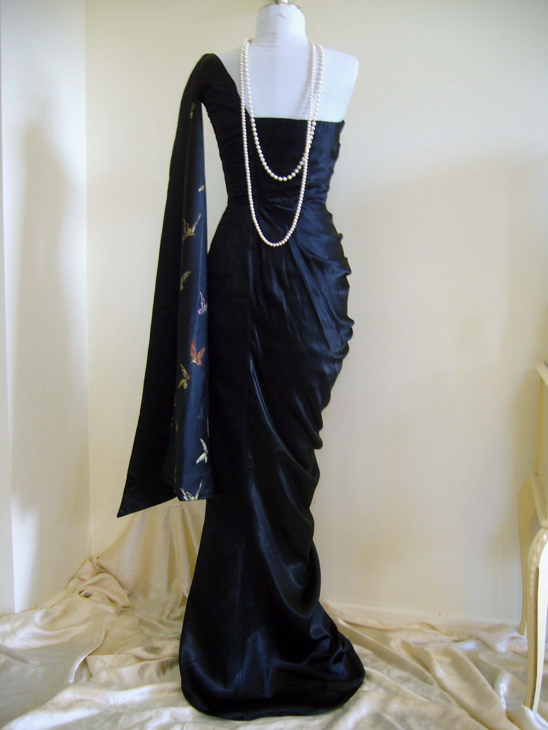 Girlhomeshops-Navy Blue Butterfly Long Satin Fashion One Shoulder Floor Length  Prom Dress Evening Dress Graduation Dress gh5197