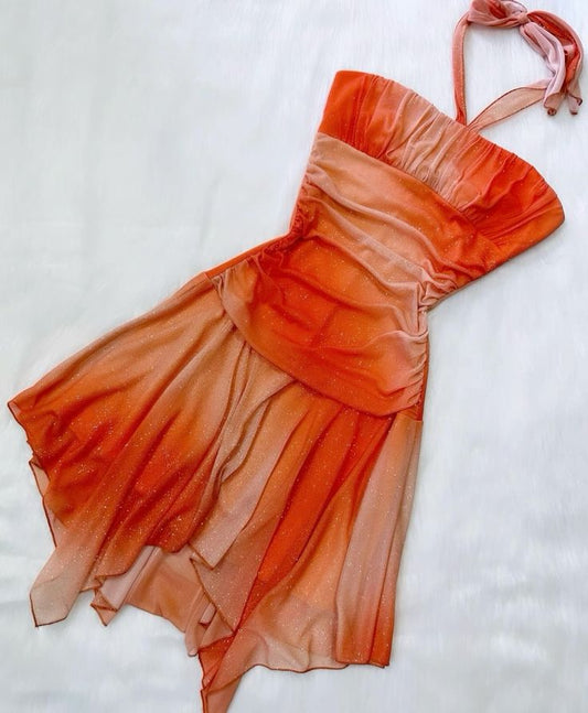 Robe de soirée courte en mousseline de soie à bretelles dégradées orange, robe de soirée, robe de fête, de plage, de vacances, gh3368