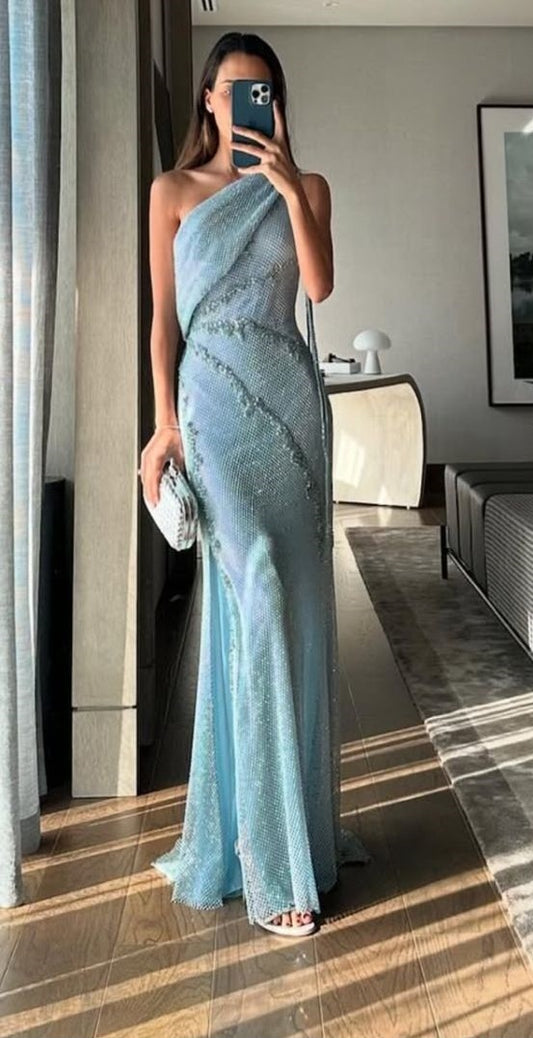Blue Beaded Fashion One Shoulder Long Prom Dress Evening Dress gh4758