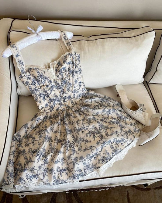 girlhomeshops-- Blue floral elegant short chiffon homecoming dress for girls garden party dress blue and white porcelain gh5719