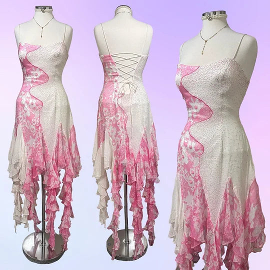 Robe de soirée élégante en mousseline de soie, longue, à volants, avec perles, motif floral, rose et blanc, gh3718
