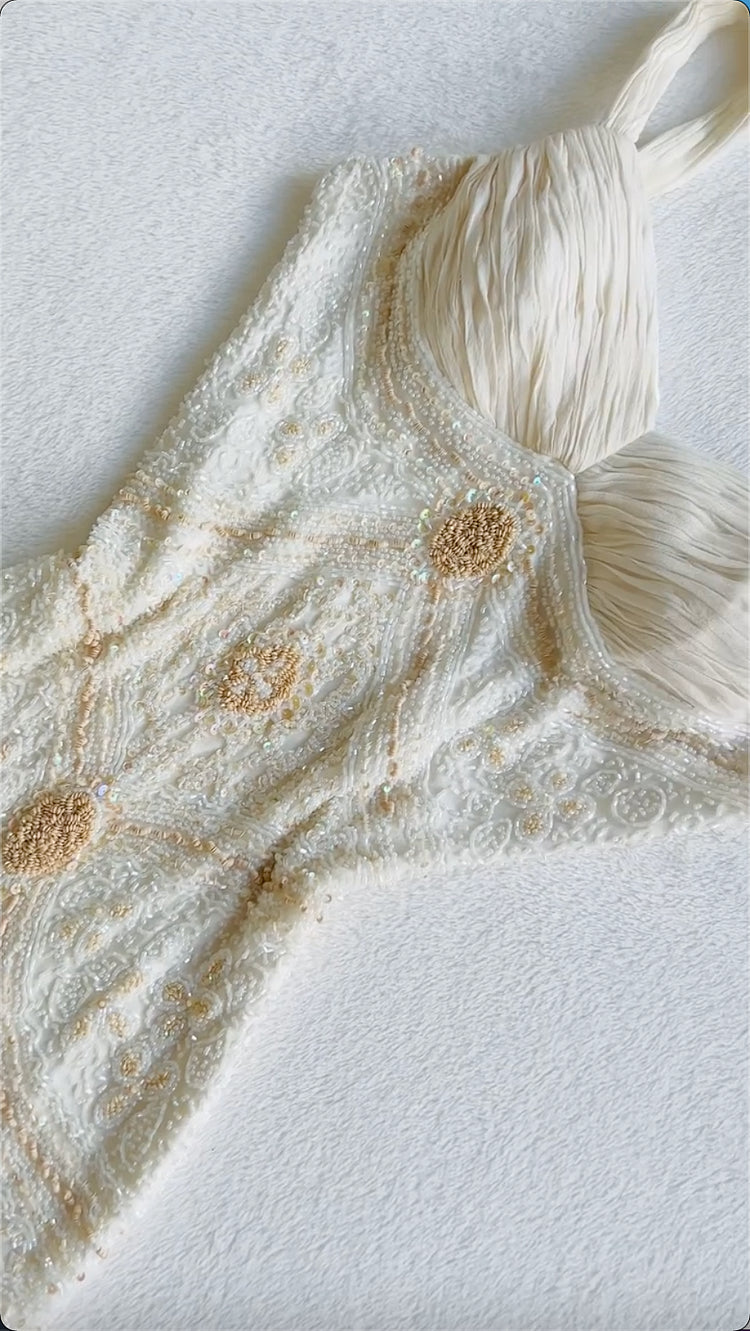 Robe de soirée longue en mousseline de soie, tenue de bal, luxueuse et brillante, style vintage, perles exquises, longueur cheville, gh3778