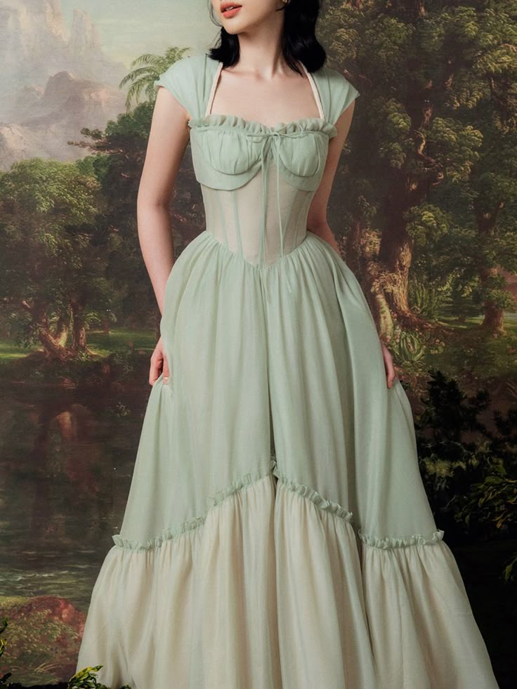 Robe de soirée longue en mousseline de soie et tulle, élégante, style rétro vert, col en cœur, pour demoiselle d'honneur, gh4082