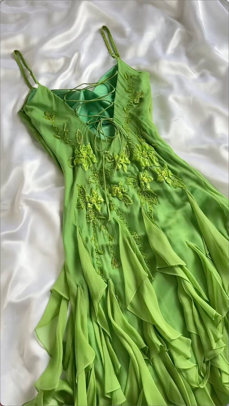 Green shiny fashion exquisite floral beading spaghetti straps long chiffon ruffles long ball gown evening dress party dress gh3403