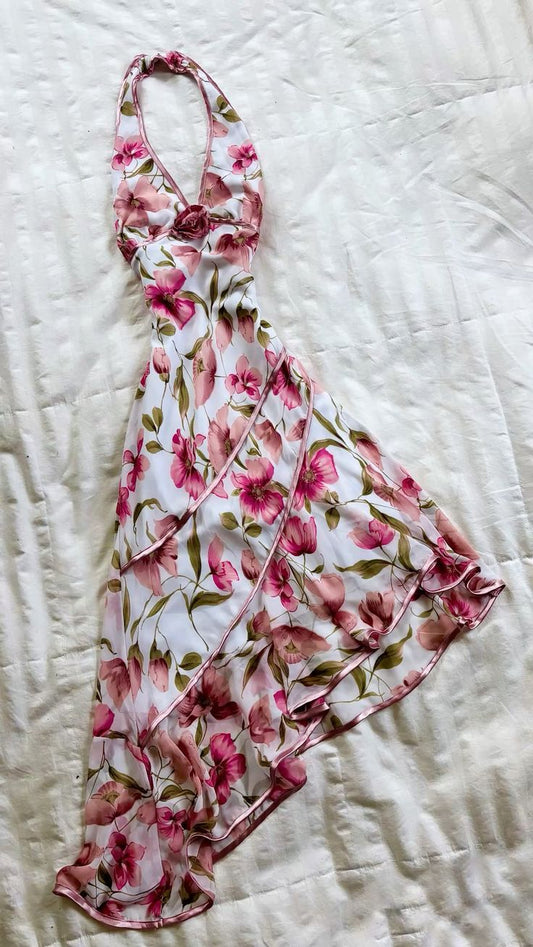 Robe longue asymétrique sans manches, dos nu, en mousseline blanche à imprimé floral rose : tissu en mousseline, bordure florale 3D, coupe trapèze rétro, robe de soirée légère et élégante gh6619