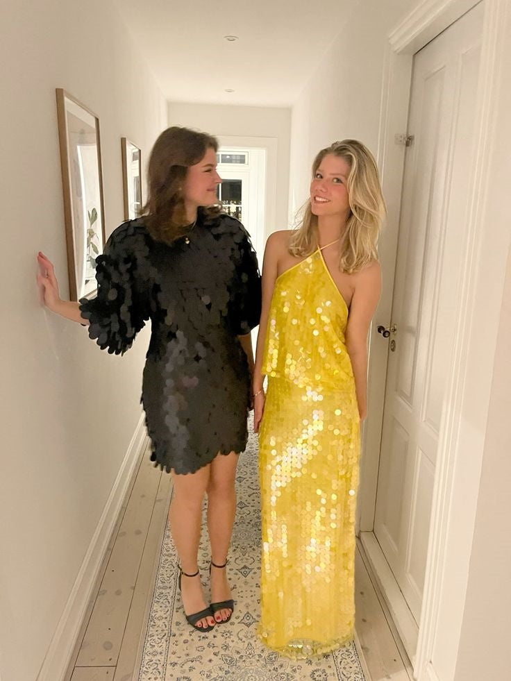 Yellow shiny fashion sequins two-piece suit long seaside holiday travel party dress gh4860