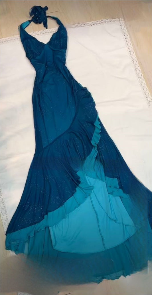 Blue fashion floral suspender long elegant chiffon ruffled ball gown evening dress party dress gh3391