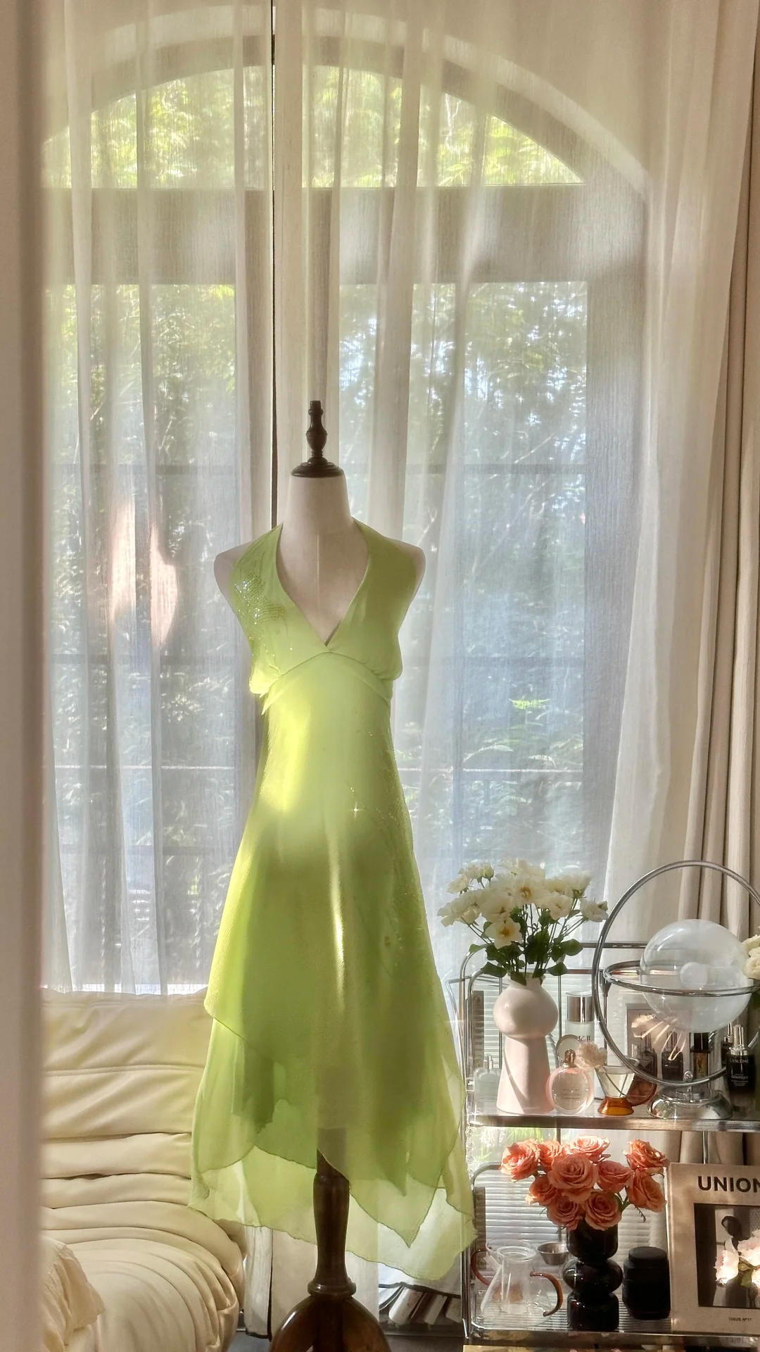 Robe de soirée longue en mousseline de soie, élégante et brillante, vert clair, avec perles exquises, pour anniversaire, mariage, fête, bal, Saint-Valentin, gh4038