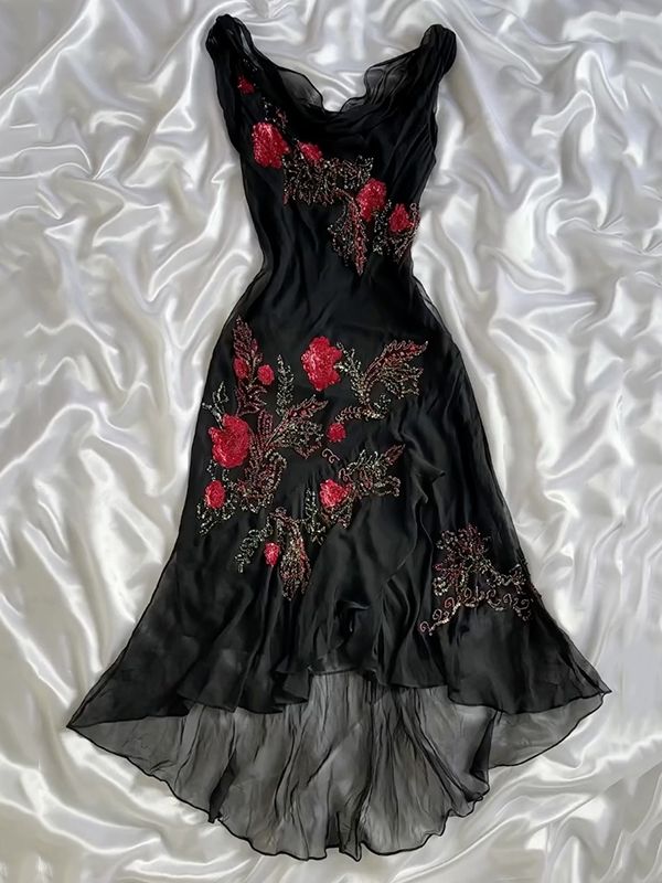 Girlhomeshops-Black exquisite rose flower beaded long Chiffon prom dresses evening dress gh5136