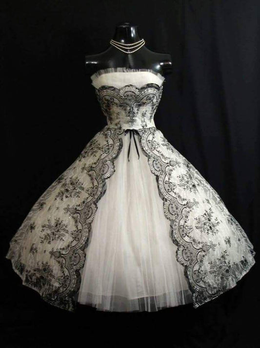 girlhomeshops--Black and white exquisite lace tulle midi homecoming dress formal gown gh5586