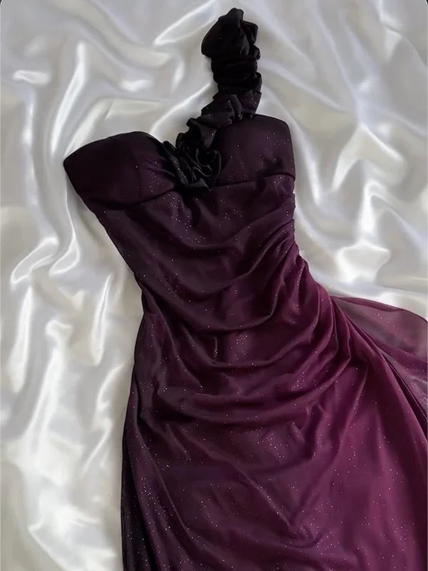 girlhomeshops - Robe de soirée asymétrique violette à paillettes dégradées et à volants froncés gh6006