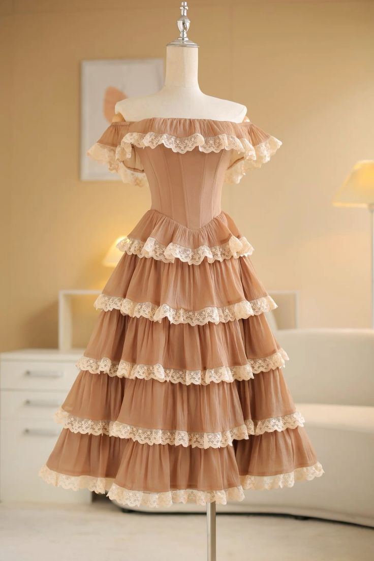 Robe de soirée mi-longue en mousseline de soie, élégante et délicate, couleur marron clair, à volants, pour soirée, mariage, anniversaire, garden-party, gh4131