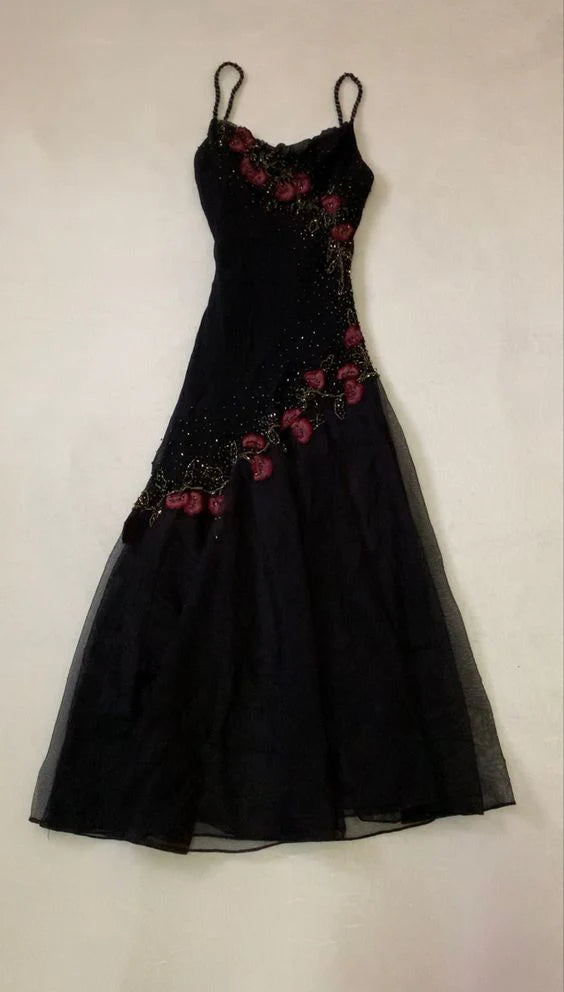 Schwarzes, zartes, florales, mit Perlen verziertes, langes Tüll-Ballkleid, Abendkleid, formelles Geburtstagspartykleid, Tanzkleid gh3151