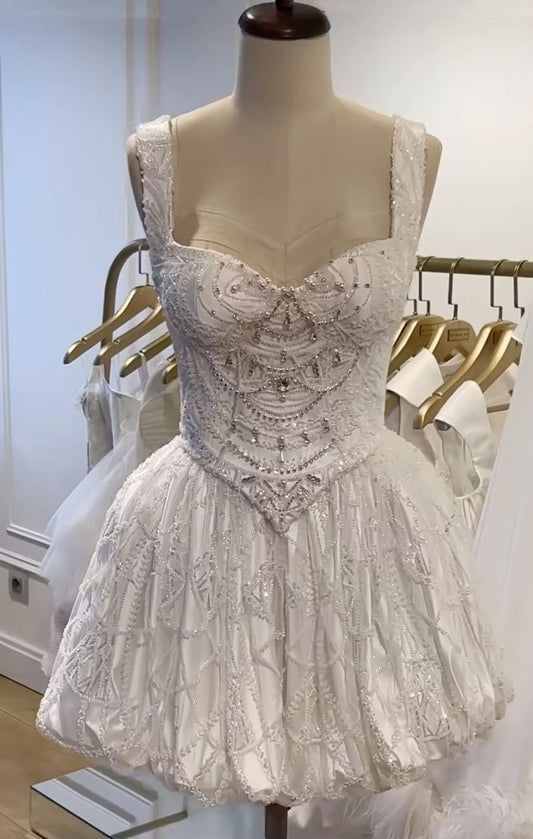 Girlhomeshops - Robe de soirée courte blanche en tulle perlé, magnifique, robe de fête d'anniversaire, gh5328