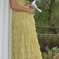 Yellow stylish elegant spaghetti straps long satin tiered ball gown formal evening dress party dress gh3655