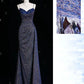 Blue Shiny Elegant Spaghetti Straps Exquisite Beading Sexy Slit Long Mermaid Slim Sequin Ball Gown Evening Dress gh3359