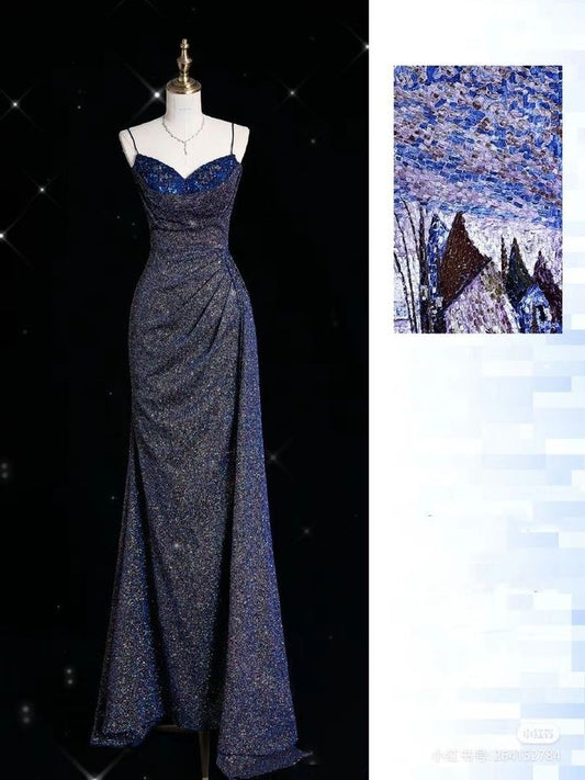 Robe de soirée longue à paillettes et bretelles spaghetti, bleu brillant, perles exquises, fente sexy, sirène, slim, robe de bal gh3359