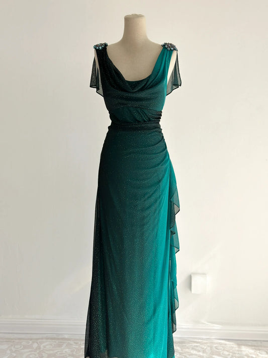 girlhomeshops-Dark Green Gradient Sequined Tulle Shawl-Sleeve Floor-Length Vintage Gown gh6351