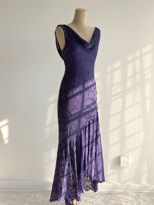 girlhomeshops-Purple Beaded-Embroidered Tulle Sleeveless Floor-Length Vintage Gown gh6353