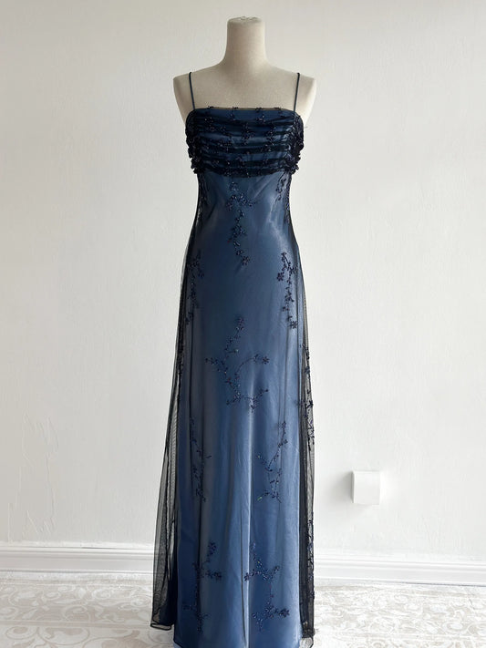 girlhomeshops-Navy Blue Tulle Beaded-Embroidered Sleeveless Floor-Length Vintage Gown gh6352
