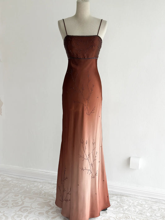 girlhomeshops-Brown Gradient Beaded-Embroidered Spaghetti-Strap Sleeveless Floor-Length Vintage Gown gh6355