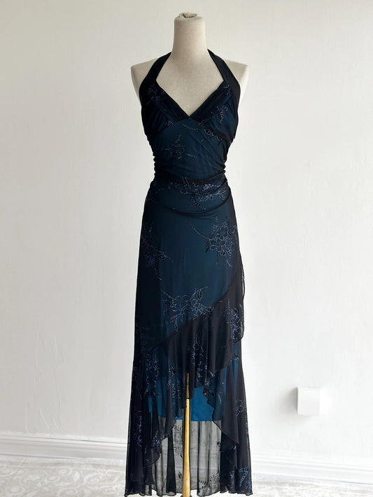girlhomeshops-Dark Blue Gradient Sequined Tulle Halter-Neck Sleeveless Floor-Length Vintage Gown gh6356
