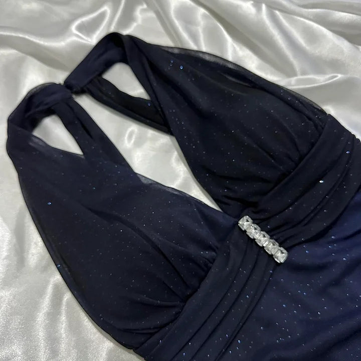 Robe de soirée longue en mousseline de soie bleu foncé/violet, élégante et brillante, avec bretelles perlées, robe de bal, robe de soirée, robe de remise de diplôme gh3507