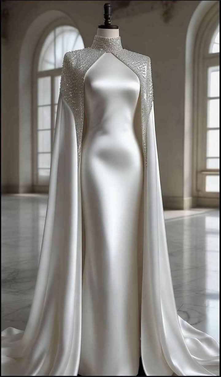 Luxury Queen Style High-Neck Beaded Cape-Sleeve Gown | Satin Fitted Train Maxi Dress for Wedding Bridal Evening High-End Red Carpet gh6416