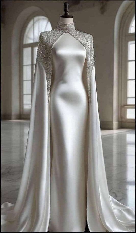 Luxury Queen Style High-Neck Beaded Cape-Sleeve Gown | Satin Fitted Train Maxi Dress for Wedding Bridal Evening High-End Red Carpet gh6416