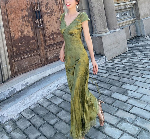 Girlhomeshops-Green open back elegant dress, French country style dress, wedding guest dress, prom dress, birthday dress, evening dress, party dress gh5157