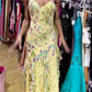 Yellow fashion elegant exquisite beaded spaghetti strap tulle long ruffled lace ball gown evening dress party dress prom dress gh3187