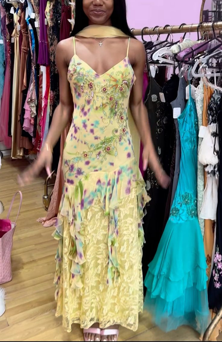 Yellow fashion elegant exquisite beaded spaghetti strap tulle long ruffled lace ball gown evening dress party dress prom dress gh3187