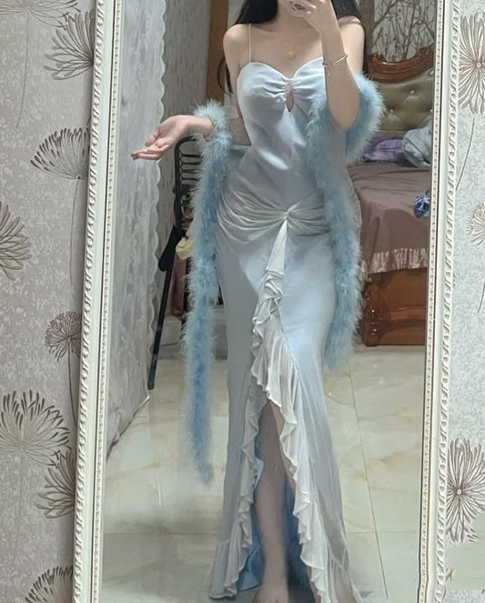 Champagne Elegant Spaghetti Strap Ruffles Long Satin Tulle Chiffon Goddess Mermaid Slim Fit Ball Gown Evening Dress Party Dress Prom Dress gh3683