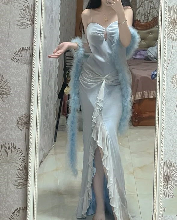 Champagne Elegant Spaghetti Strap Ruffles Long Satin Tulle Chiffon Goddess Mermaid Slim Fit Ball Gown Evening Dress Party Dress Prom Dress gh3683