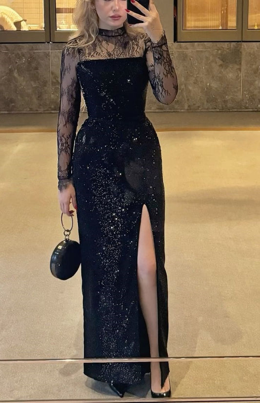 girlhomeshops-Black Long-Sleeved Lace Sequined Evening Gown gh6258