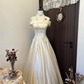 White Delicate Floral Applique Long Satin Ball Gown Evening Gown Wedding Dress gh4292