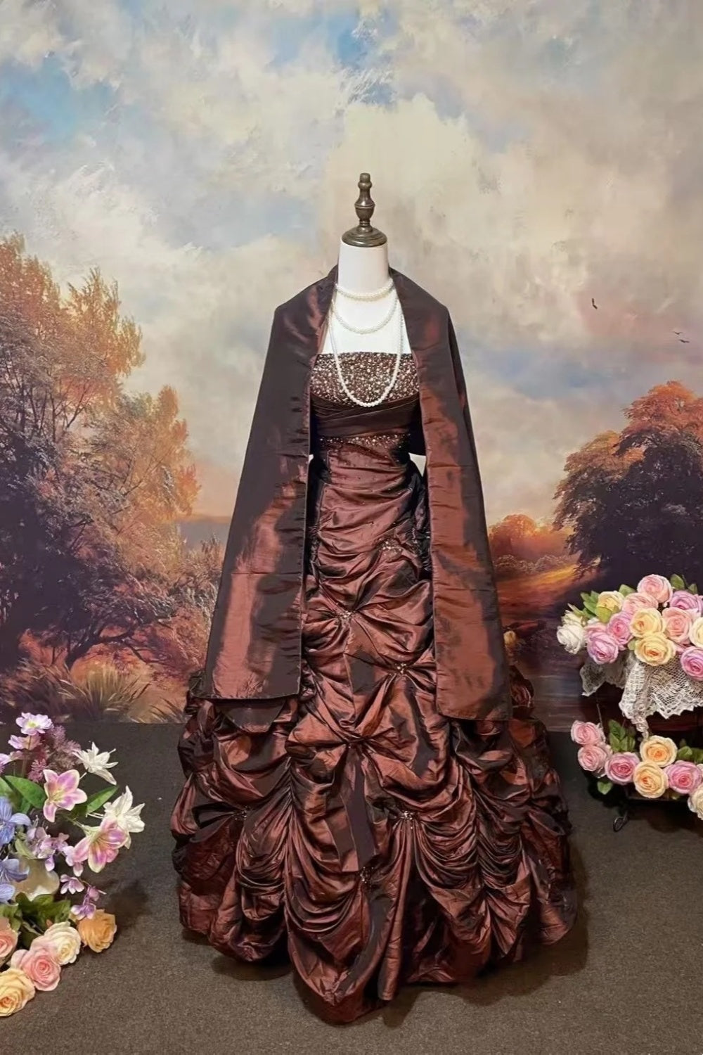 girlhomeshops-Brown Shimmering Long Satin Ball Gown gh6295