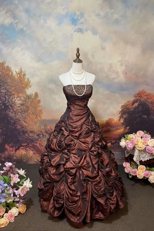 girlhomeshops-Brown Shimmering Long Satin Ball Gown gh6295