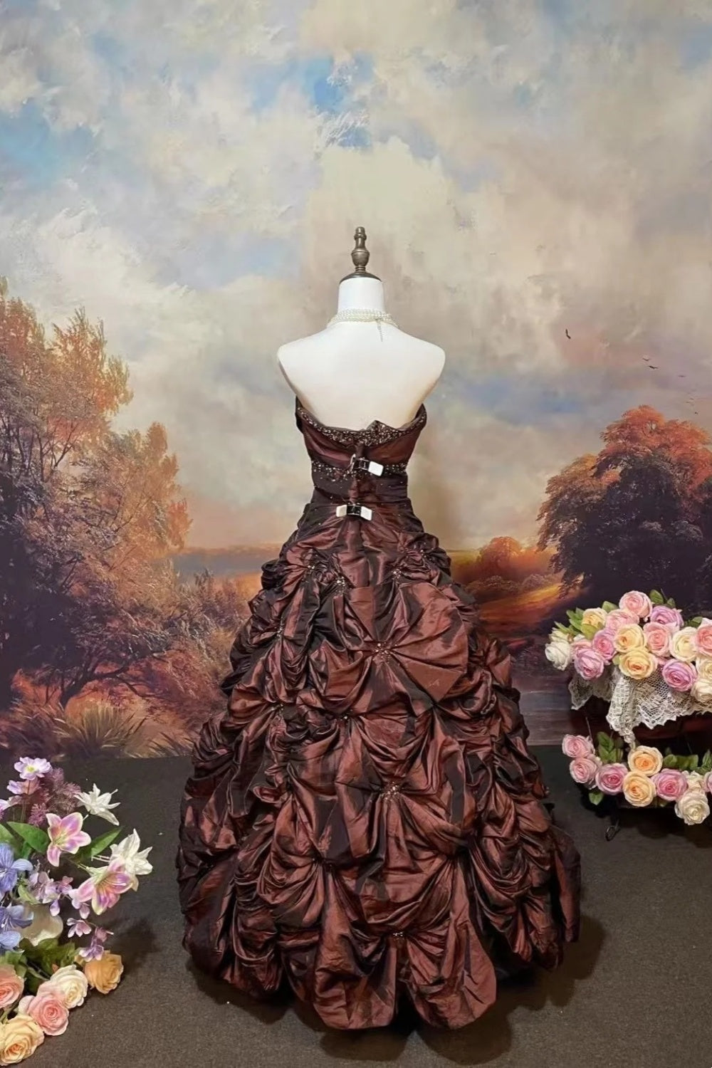 girlhomeshops-Brown Shimmering Long Satin Ball Gown gh6295