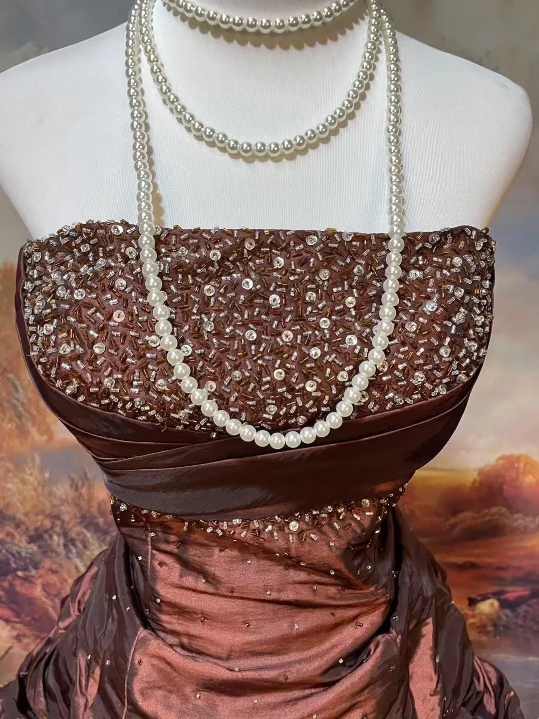 girlhomeshops-Brown Shimmering Long Satin Ball Gown gh6295