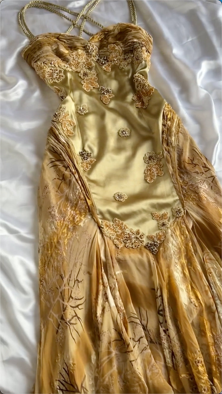 Gold Umwerfend Schönes Charmantes Elegantes Exquisites Blumenmuster Perlen Trägerloses Langes Satin Chiffon Ballkleid Abendkleid Partykleid Ballkleid gh3824